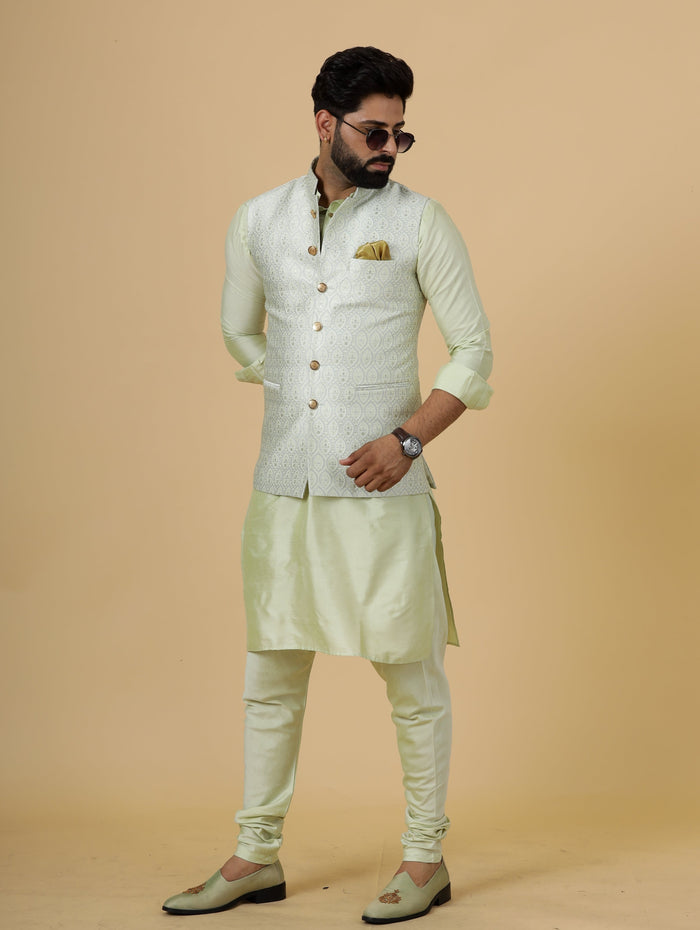 Classic Beige Banarasi Silk Half Jodhpuri Jacket with Light Green Kurta-Pajama for Men