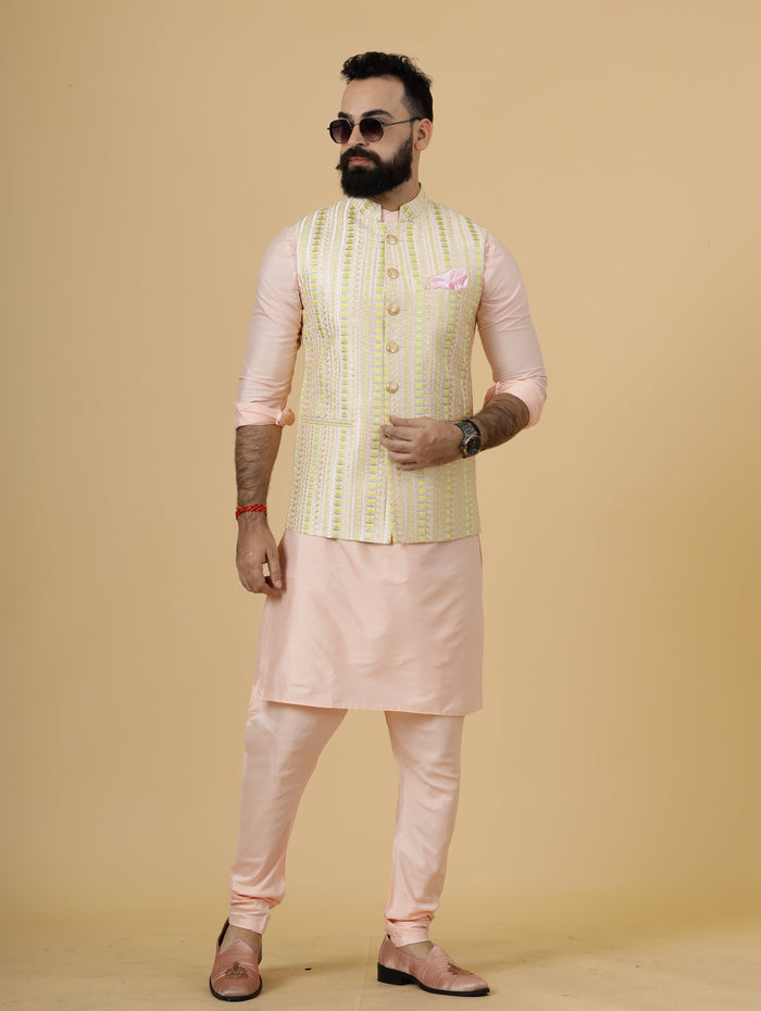 Classic Cream Vertical Pattern Thread Embroidered Silk Half Jodhpuri Jacket with Peach Kurta-Pajama for Men