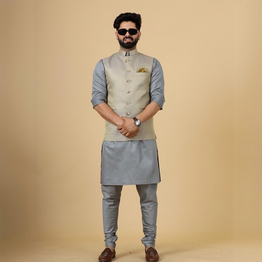 Classic Golden-Grey Brocade Silk Half Jodhpuri Jacket with Slate Grey Kurta-Pajama for Men