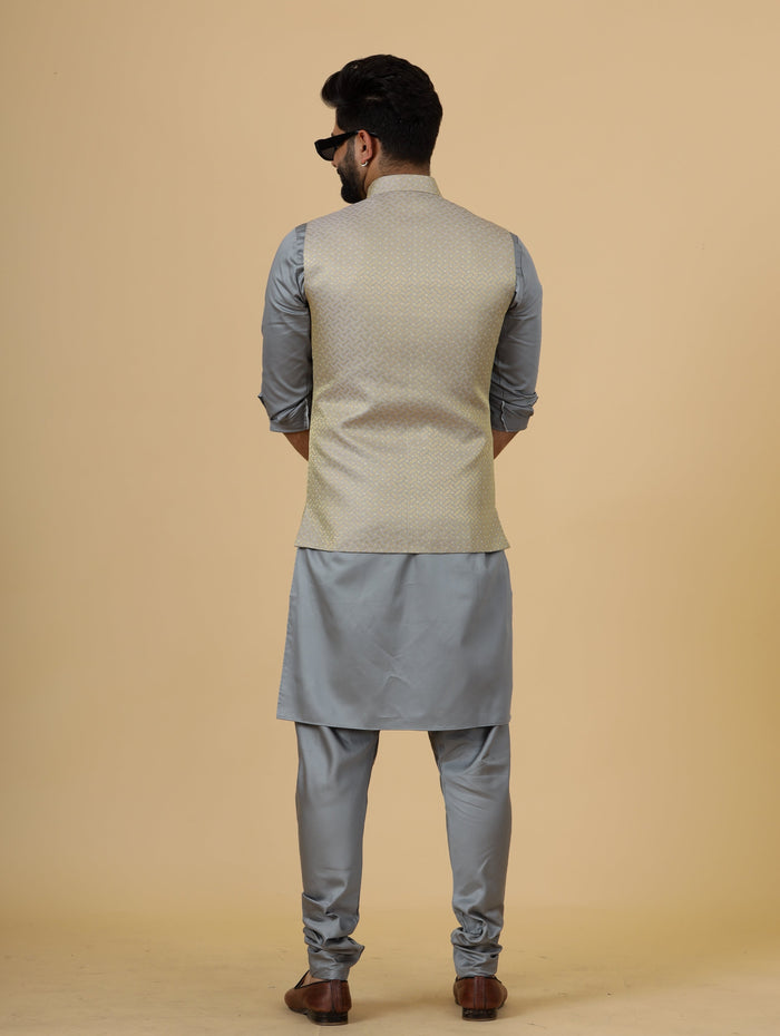 Classic Golden-Grey Brocade Silk Half Jodhpuri Jacket with Slate Grey Kurta-Pajama for Men