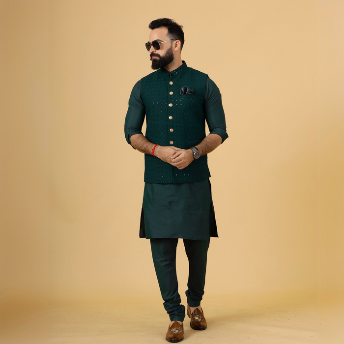 Classy Dark Green Chikankari Half Jodhpuri Jacket With green kurta pajama