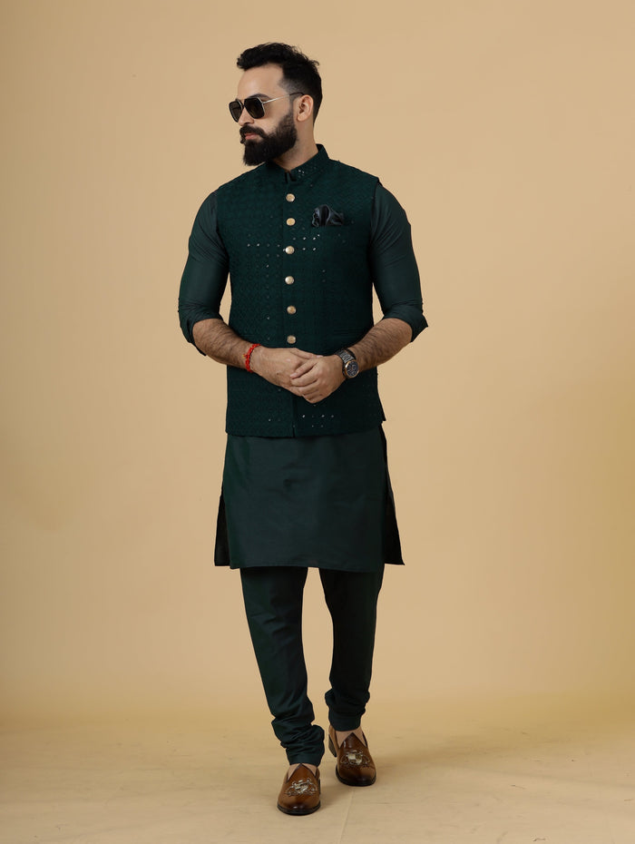 Classy Dark Green Chikankari Half Jodhpuri Jacket With green kurta pajama