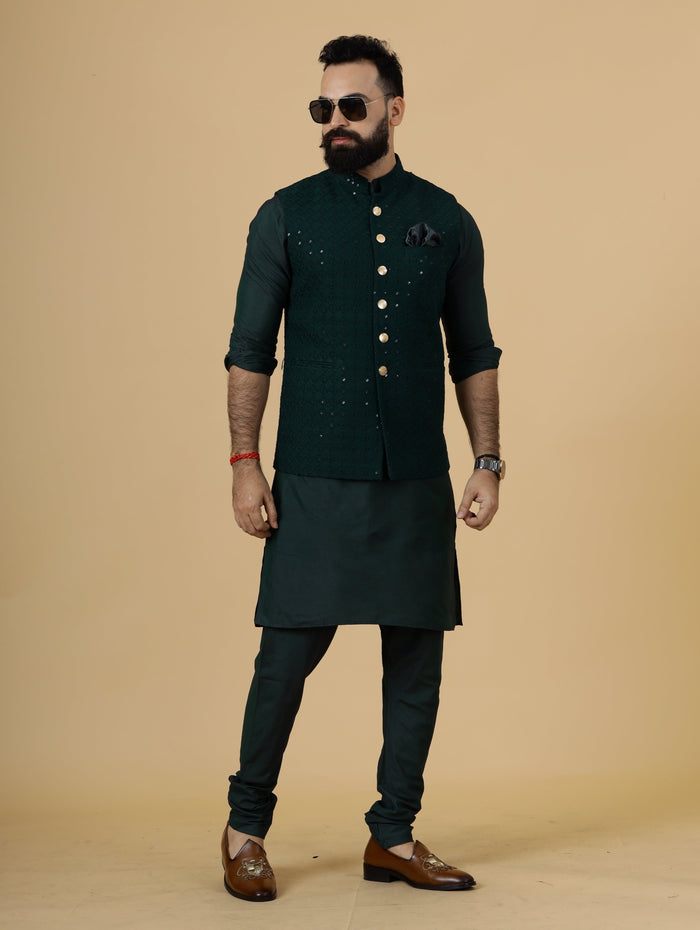 Classy Dark Green Chikankari Half Jodhpuri Jacket With green kurta pajama