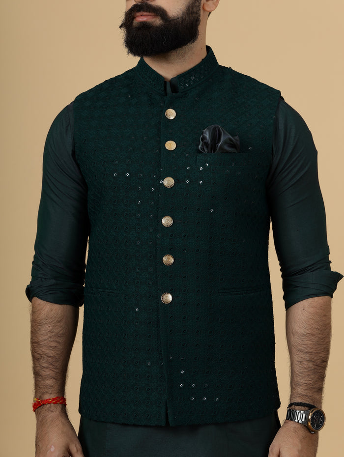 Classy Dark Green Chikankari Half Jodhpuri Jacket With green kurta pajama
