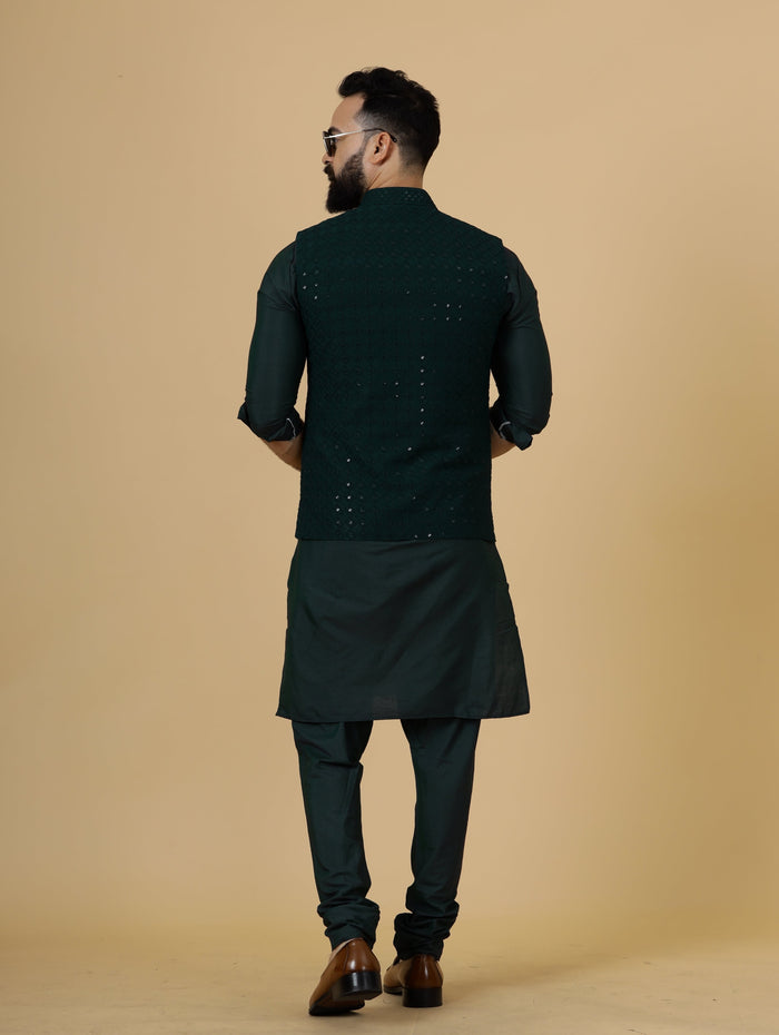 Classy Dark Green Chikankari Half Jodhpuri Jacket With green kurta pajama