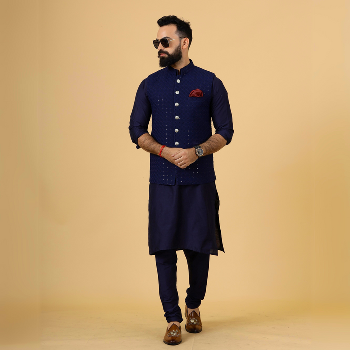 Classy Navy Blue Chikankari Half Jodhpuri Jacket with navy blue kurta pajama