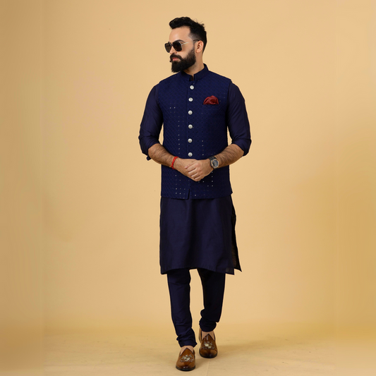 Classy Navy Blue Chikankari Half Jodhpuri Jacket with navy blue kurta pajama