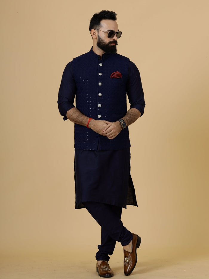 Classy Navy Blue Chikankari Half Jodhpuri Jacket with navy blue kurta pajama