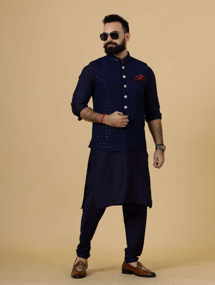 Classy Navy Blue Chikankari Half Jodhpuri Jacket with navy blue kurta pajama