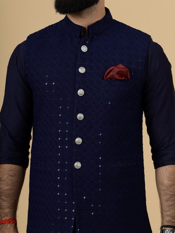 Classy Navy Blue Chikankari Half Jodhpuri Jacket with navy blue kurta pajama