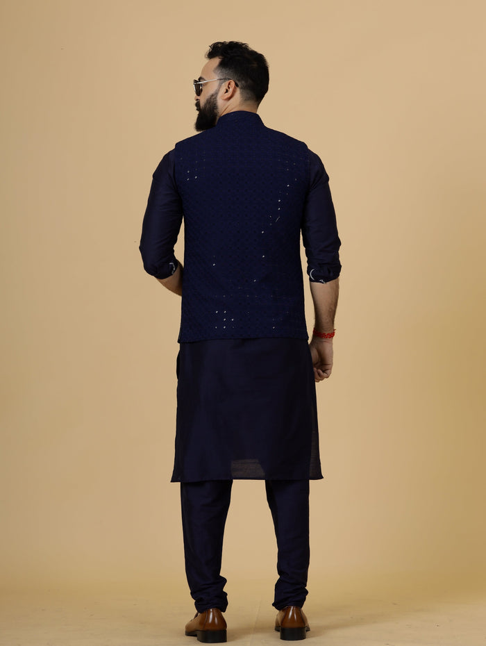 Classy Navy Blue Chikankari Half Jodhpuri Jacket with navy blue kurta pajama