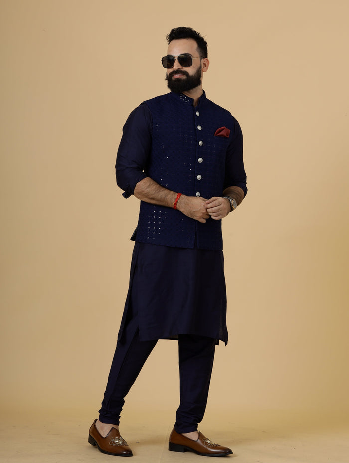 Classy Navy Blue Chikankari Half Jodhpuri Jacket with navy blue kurta pajama
