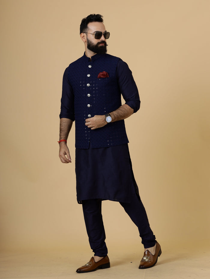 Classy Navy Blue Chikankari Half Jodhpuri Jacket with navy blue kurta pajama