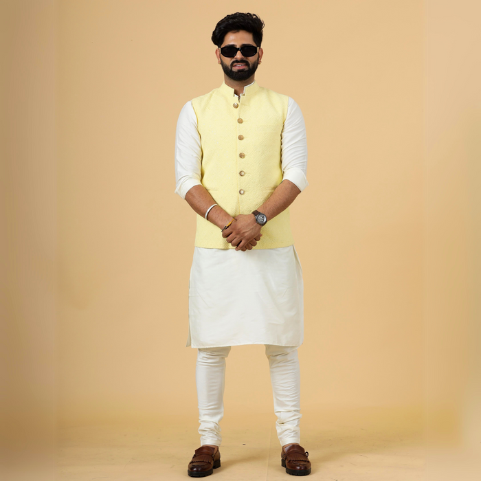 Classy Yellow Chikankari Half Jodhpuri Jacket with Off-Wjite Kurta-Pajama for Men