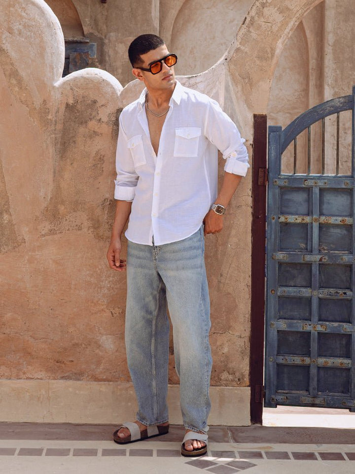 Linen white Shirt with double pocket & full sleeve - cliffside