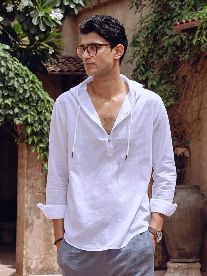 White Linen Hooded Full Sleeve Shirt - Cloudie