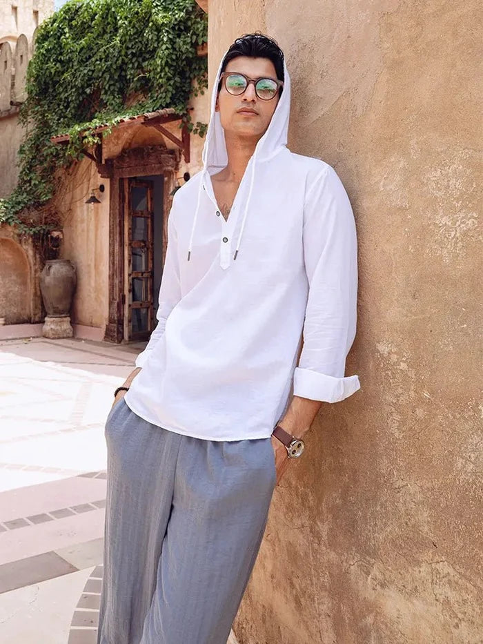 White Linen Hooded Full Sleeve Shirt - Cloudie