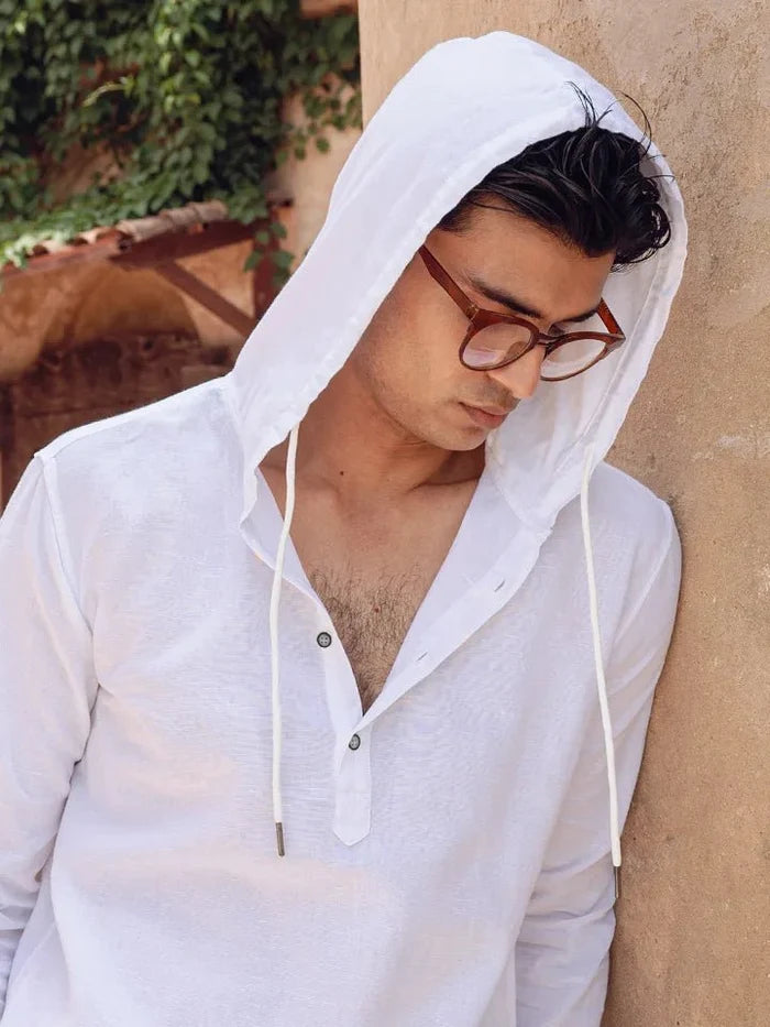 White Linen Hooded Full Sleeve Shirt - Cloudie