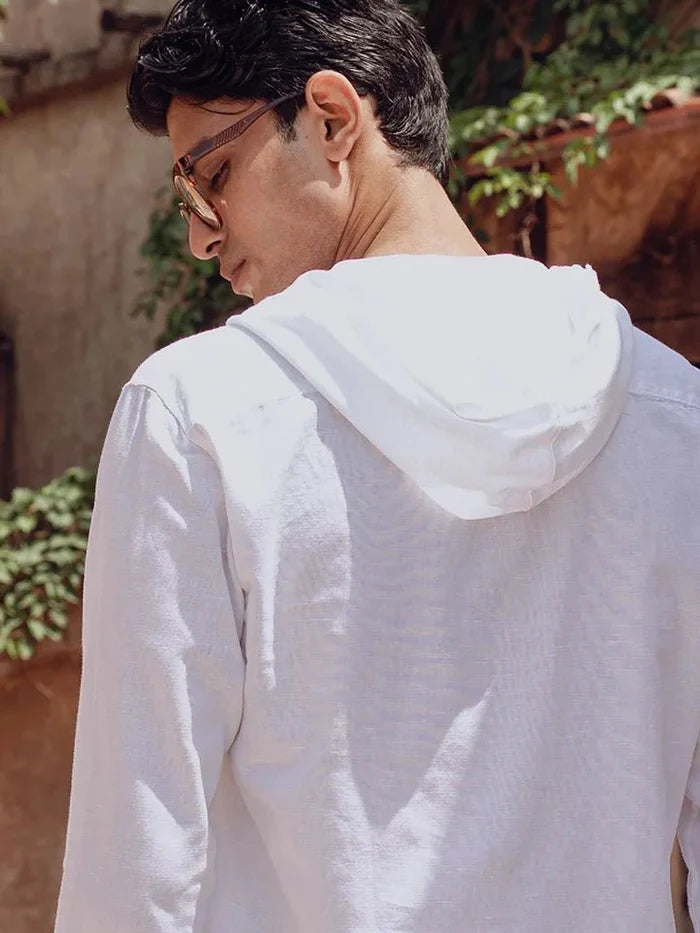 White Linen Hooded Full Sleeve Shirt - Cloudie
