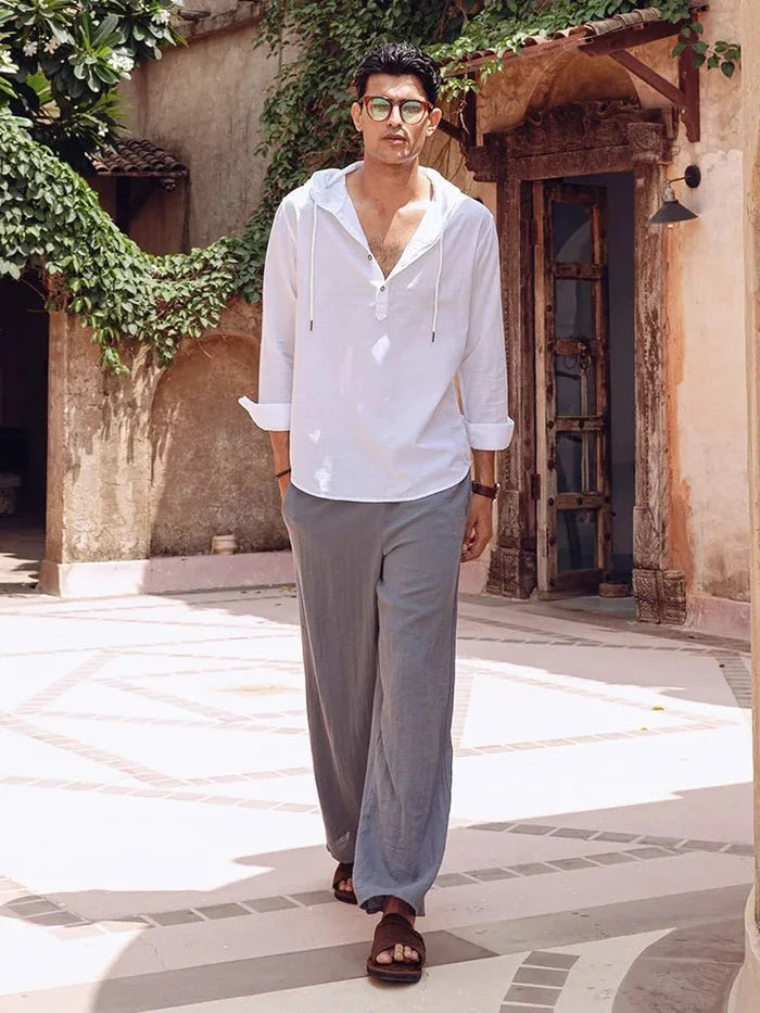 White Linen Hooded Full Sleeve Shirt - Cloudie
