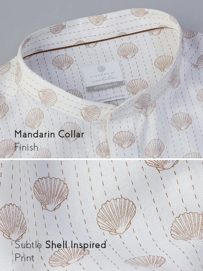 Coastline White Cotton Linen Shirt collar & print