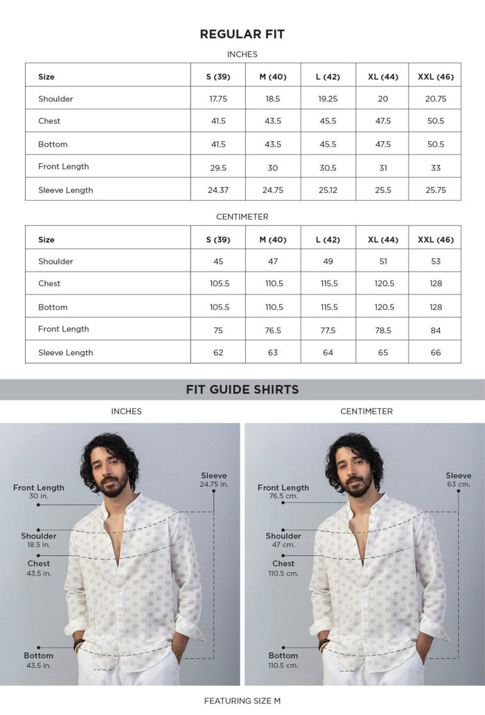 Coastline White Cotton Linen Shirt size chart