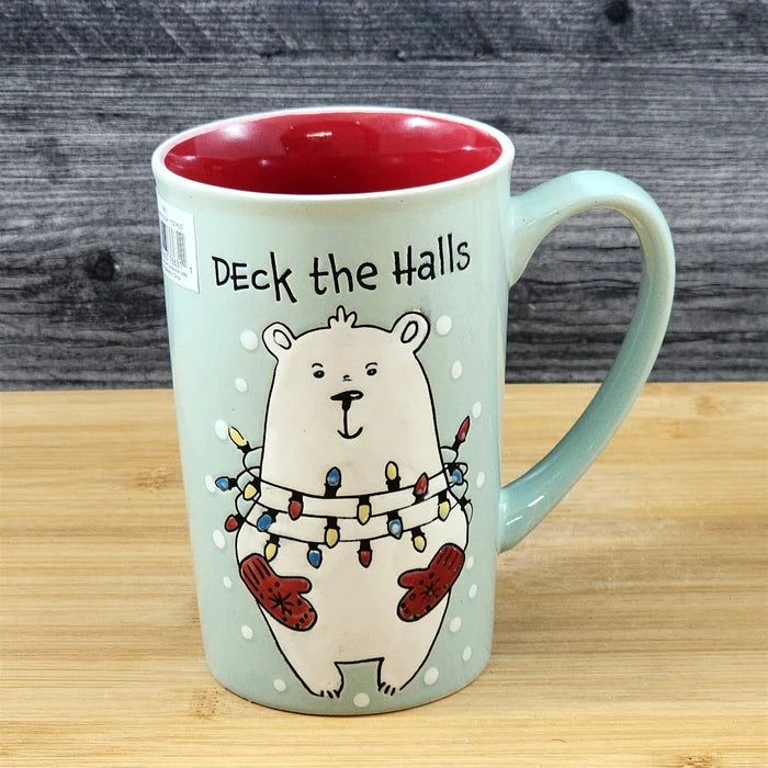 Coffee Mug Polar Bear Christmas Holiday Green Embossed Cup Ceramic Blue Sky 17oz