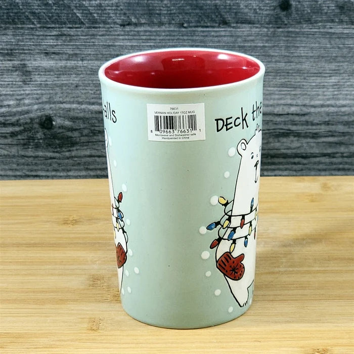 Coffee Mug Polar Bear Christmas Holiday Green Embossed Cup Ceramic Blue Sky 17oz