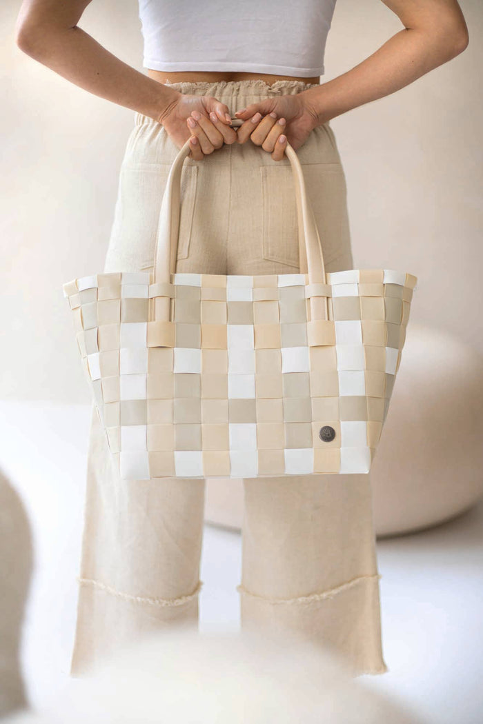 Color Block Recycled Handwoven Tote Bag - Ecru White Mix