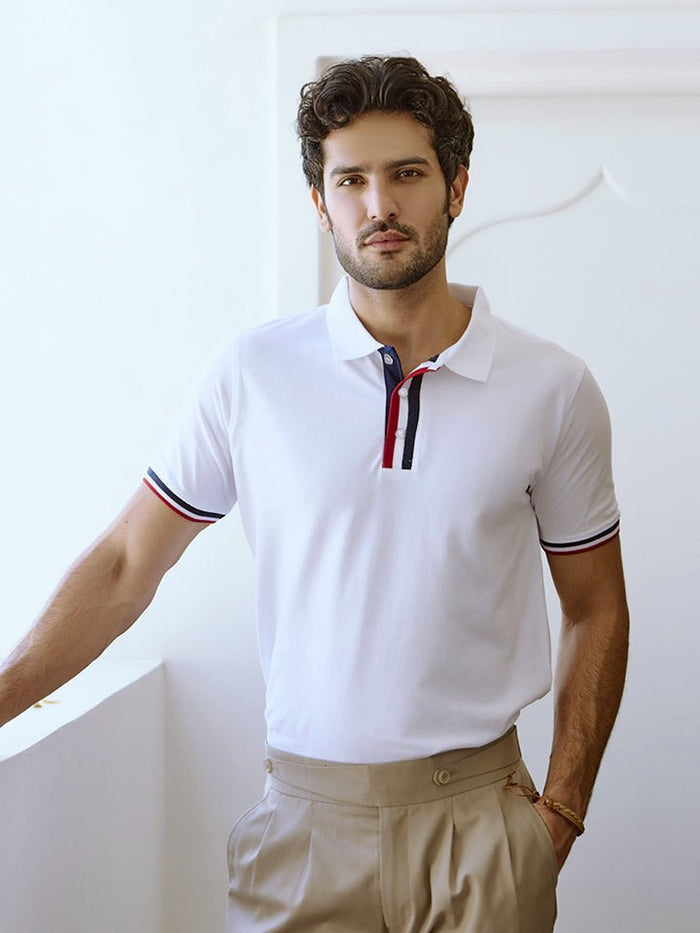 Converge White Cotton Striped Polo T-Shirt