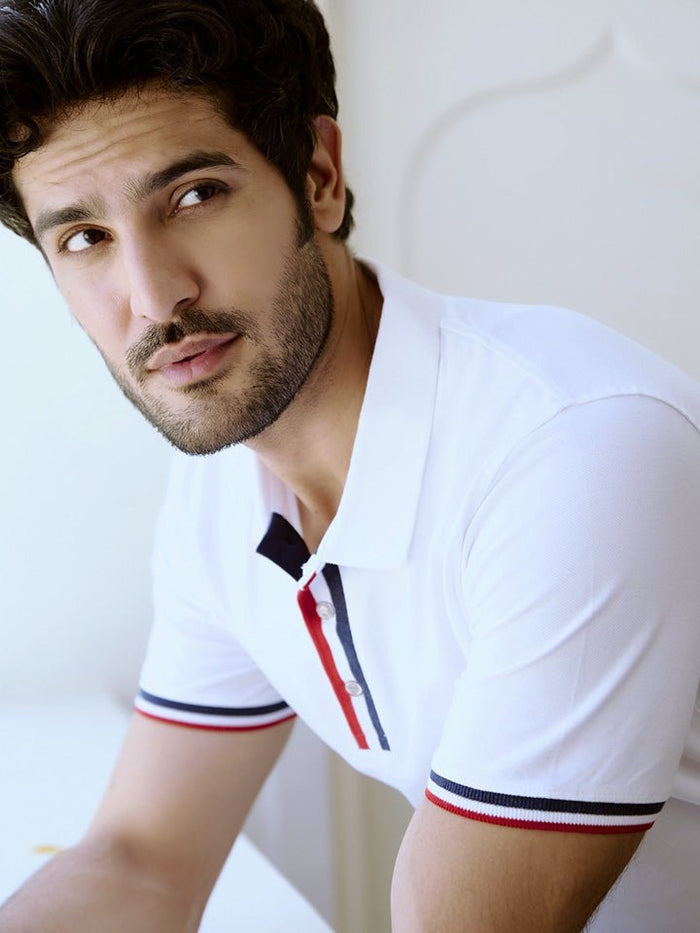 Converge White Cotton Striped Polo T-Shirt