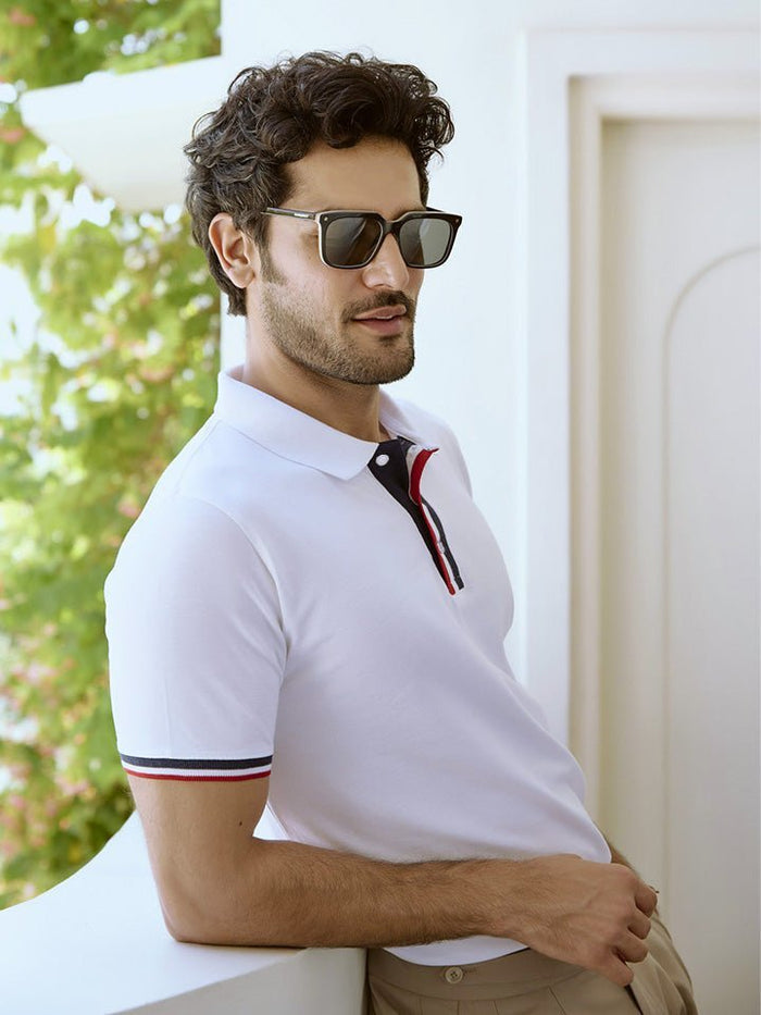 Converge White Cotton Striped Polo T-Shirt