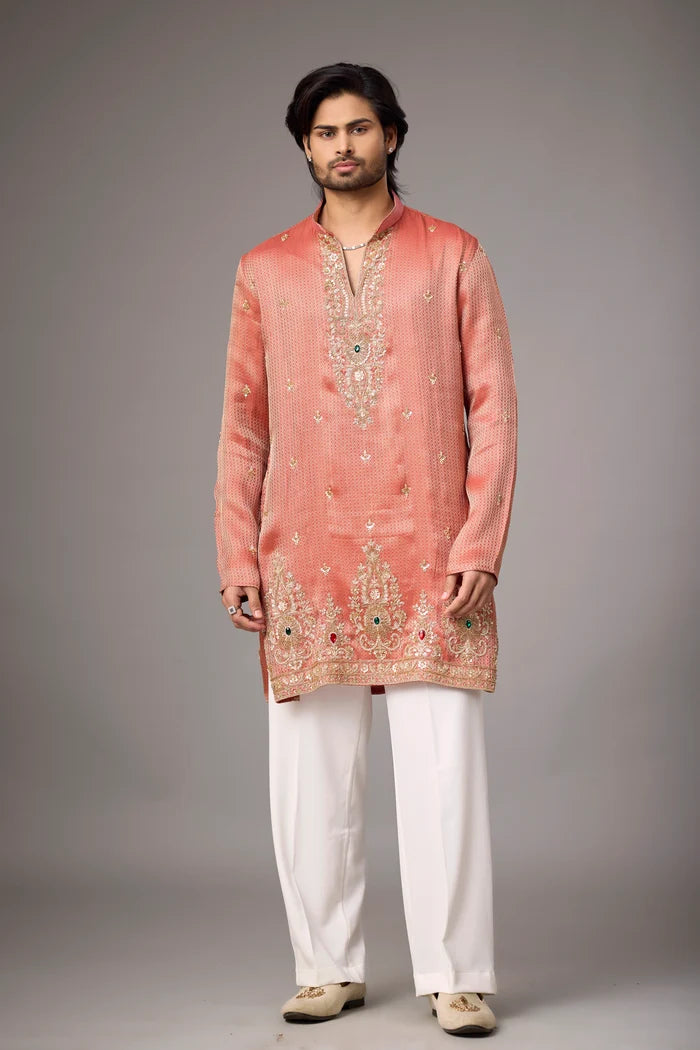 Festive Wear for Men – Coral Peach Regal Embroidered Kurta Set | Mahavir NX