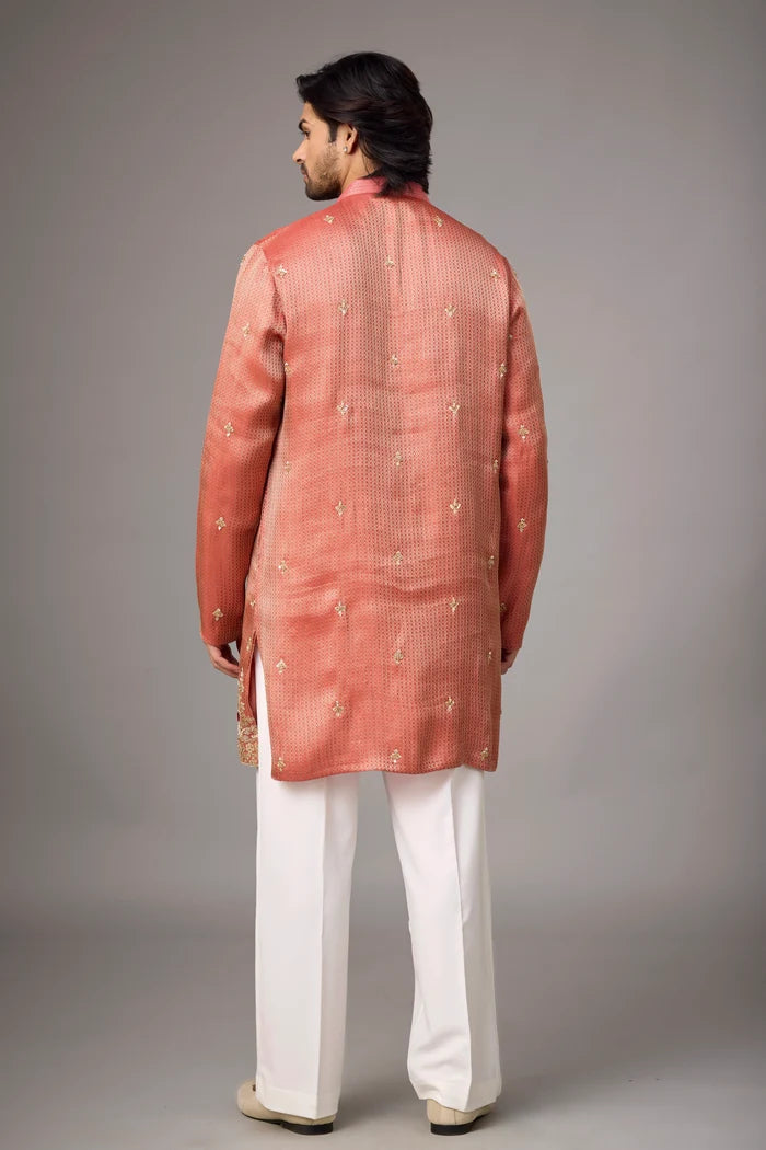 Coral Peach Embroidered Kurta Pajama Set – Front View | Mahavir NX