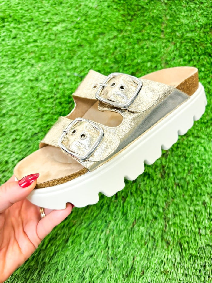 Presale: Corky's Gold Crinkle Metallic Rumor Has It Sandals - Macoma Boutique304 Sandals