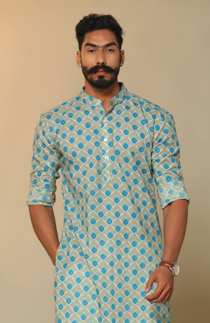 Cotton Sanganeri Booti Printed Olive Green Kurta Pajama