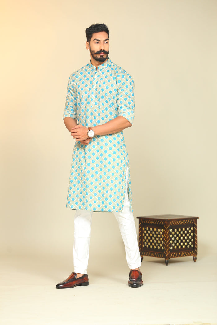 Cotton Sanganeri Booti Printed Olive Green Kurta Pajama