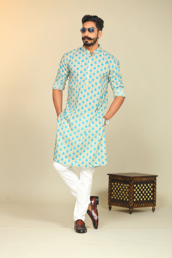 Cotton Sanganeri Booti Printed Olive Green Kurta Pajama