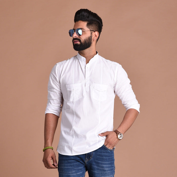Cotton White Hunting Style Short Kurta