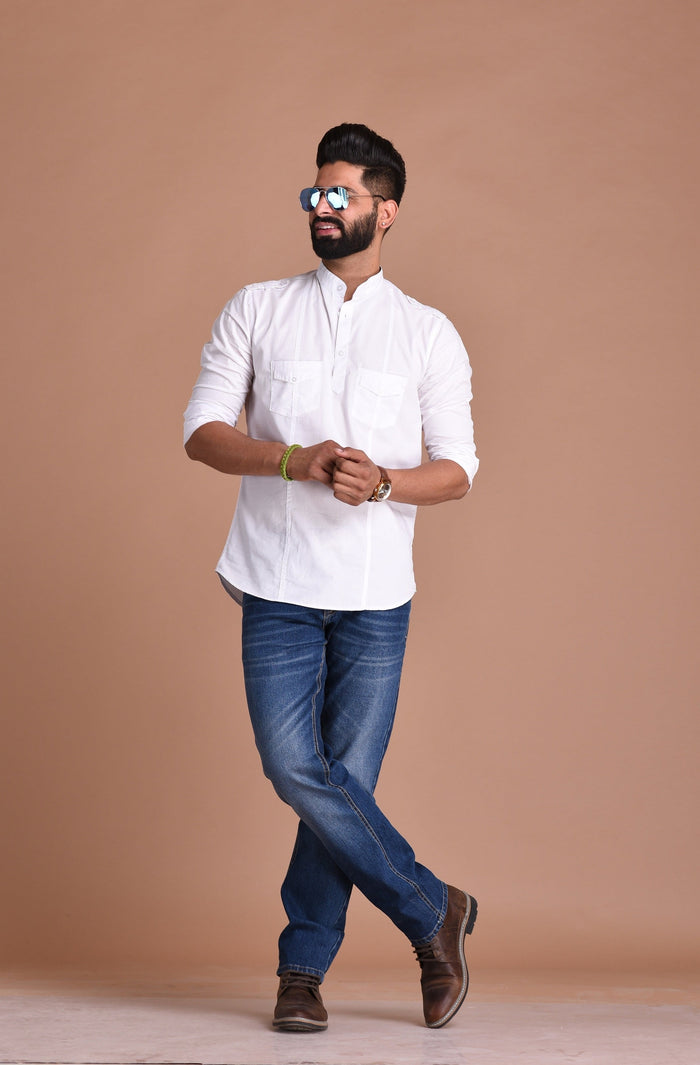 Cotton White Hunting Style Short Kurta