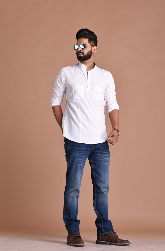 Cotton White Hunting Style Short Kurta