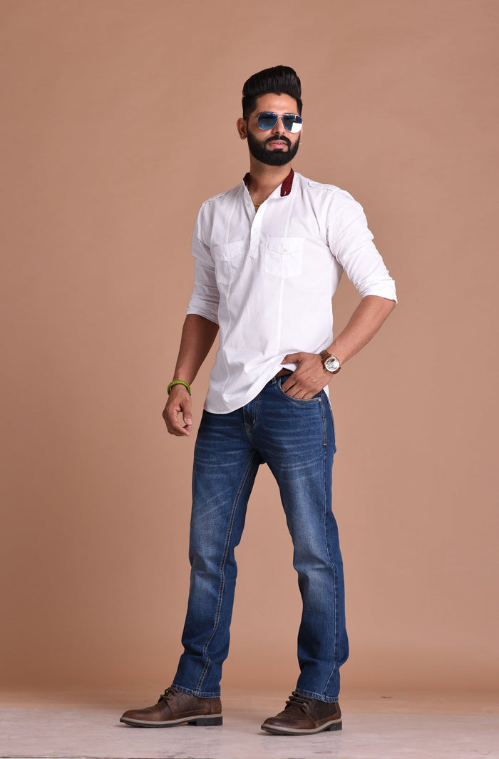 Cotton White Hunting Style Short Kurta