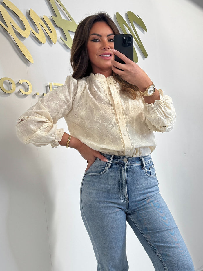 Cream Button Up Embroidered Detailing Grandad Collar Shirt