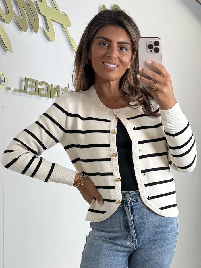 Cream/Black Stripe Gold Button Cardigan