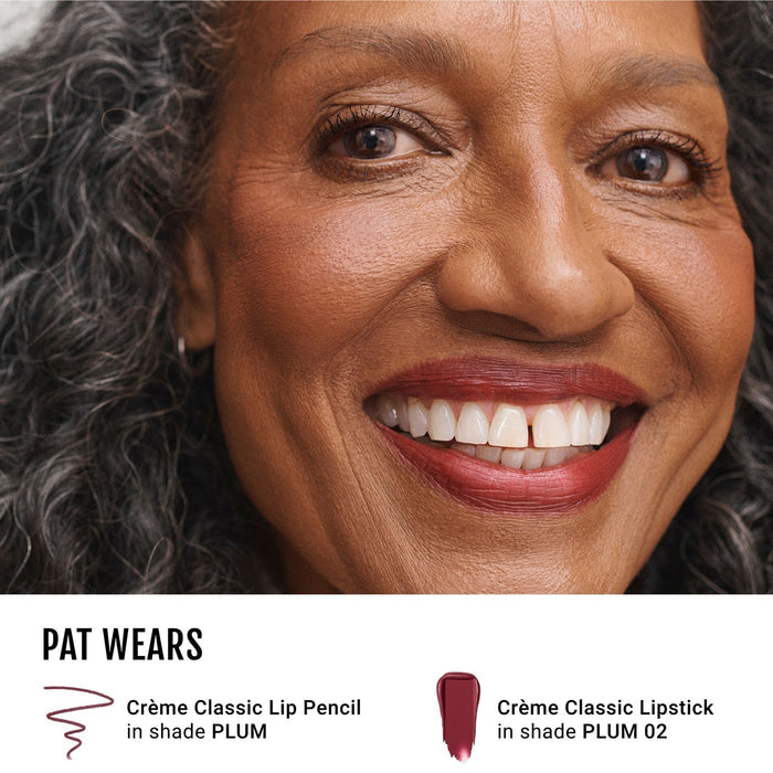 Pat wearing No Makeup Makeup Creme Classic Lip Pencil in Plum and Classic Creme Lipstick on Plum 02