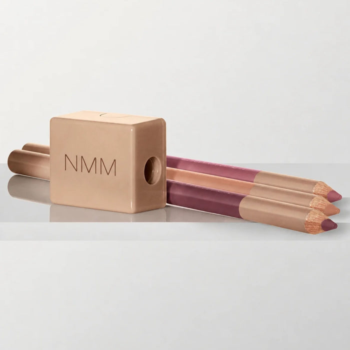 No Makeup Makeup Creme Classic Lip Pencil swatches in Peach, Pink, and Plum with sharpener