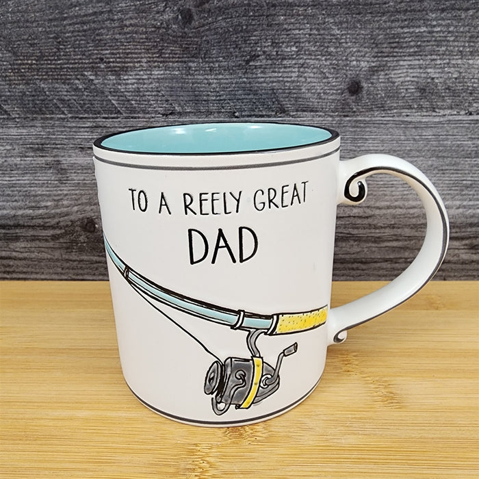 Dad Fishing Saying Coffee Mug Ceramic Embossed White Cup Blue Sky Fatherâ€™s Day