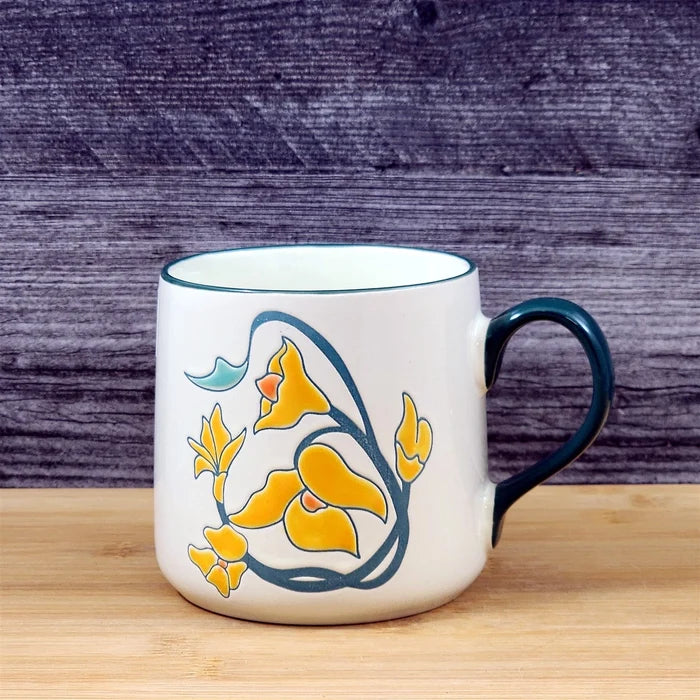 Daffodil Coffee Mug Yellow White Floral Embossed Ceramic Tea Cup Blue Sky 18 oz