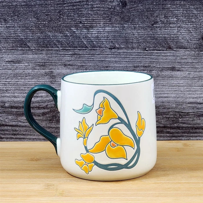 Daffodil Coffee Mug Yellow White Floral Embossed Ceramic Tea Cup Blue Sky 18 oz