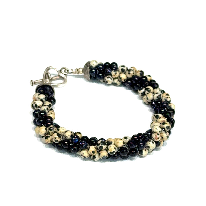 Dalmatian Jasper & Blue Goldstone Spiral Crochet Bracelet | 7" Sterling Silver